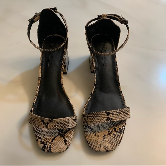 Women’s ASOS Design Snake Print Block Heeled Sandals With Ankle Strap - Picture 3 of 13